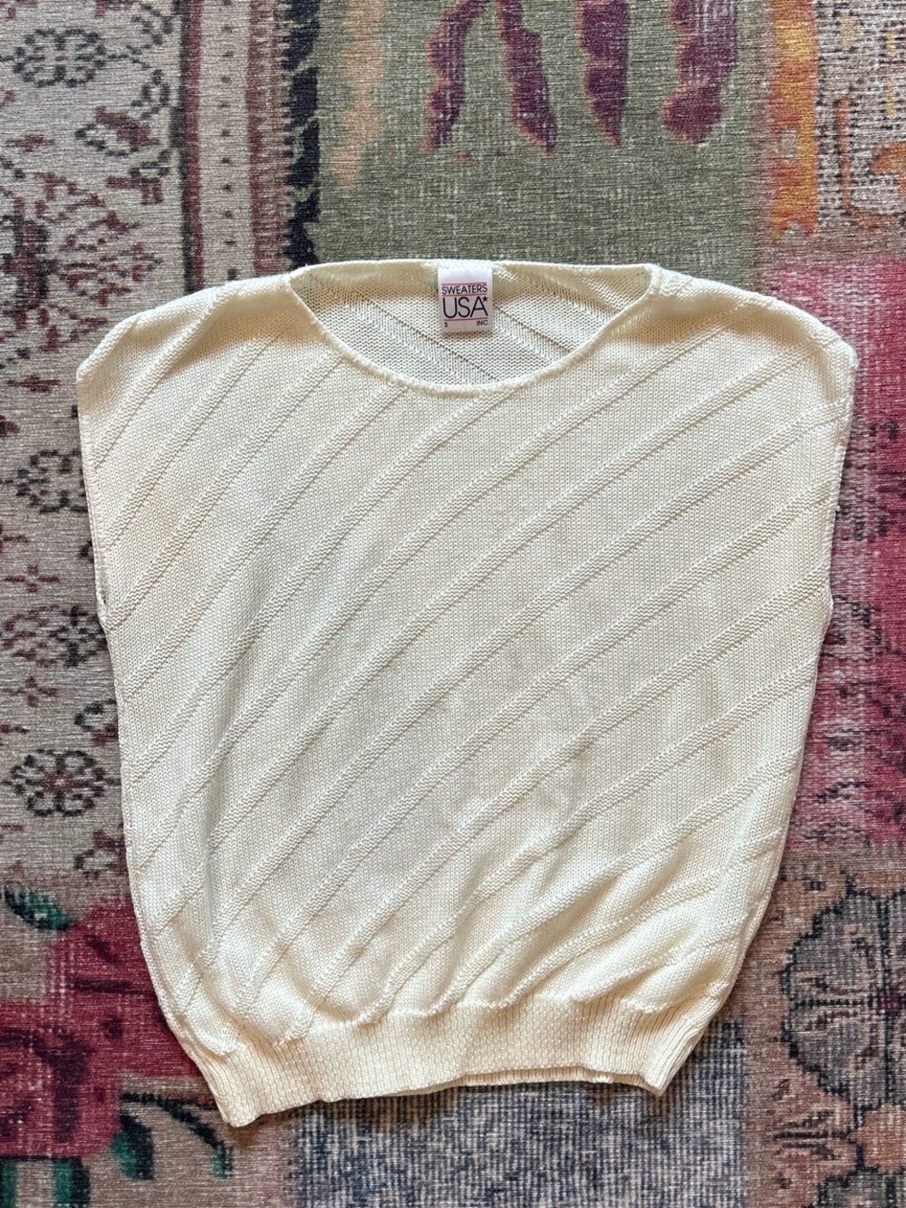 Vintage Cream Scoop Neck Short Sleeve Knit Sweater